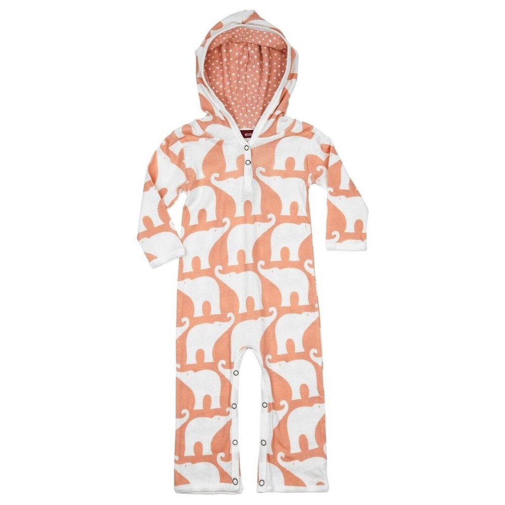 Milkbarn Infant Organic Cotton Hooded Romper Rose Elephant 3-6 Months - New